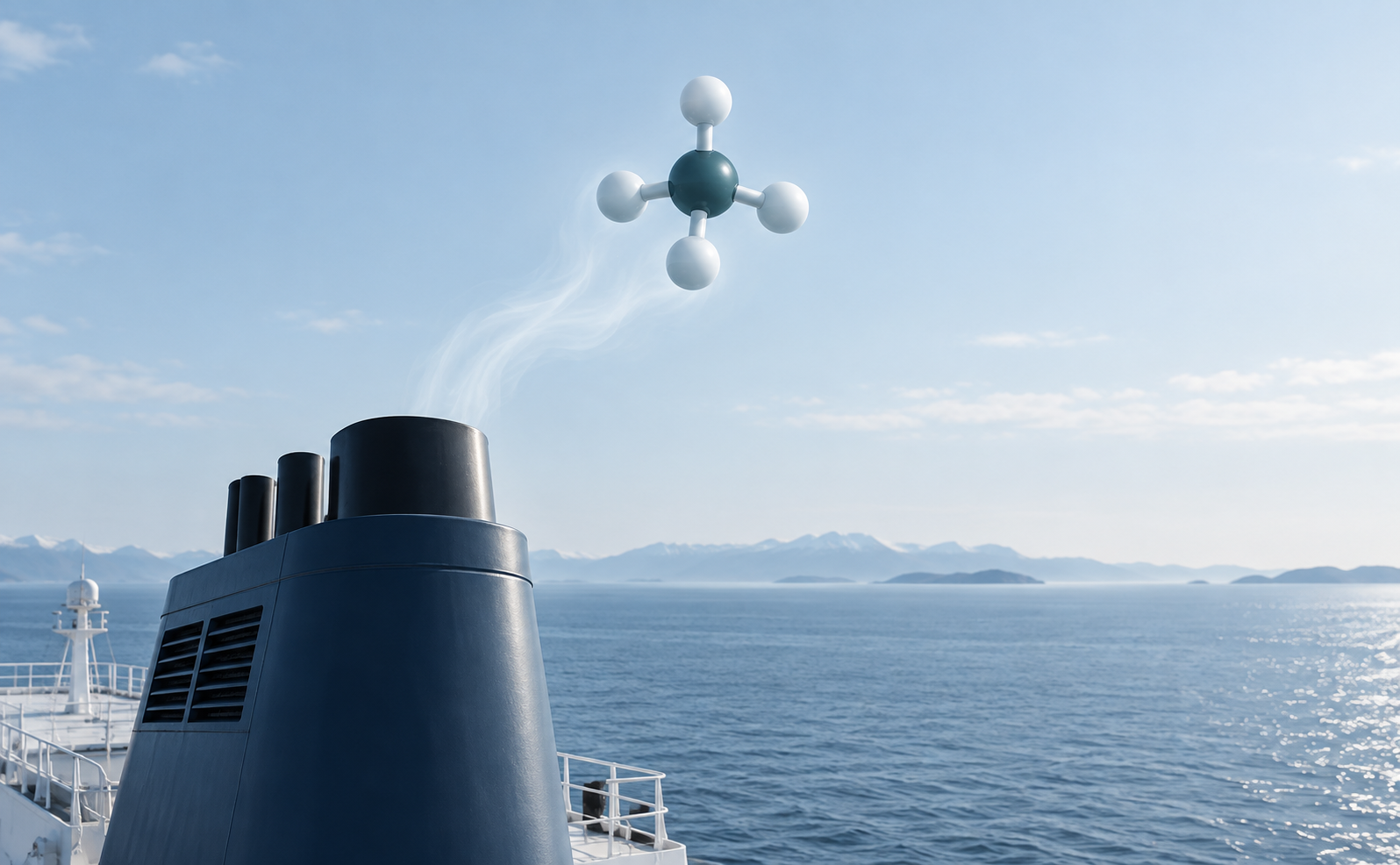 Symbolic methane molecule above a ship exhaust funnel, illustrating methane slip